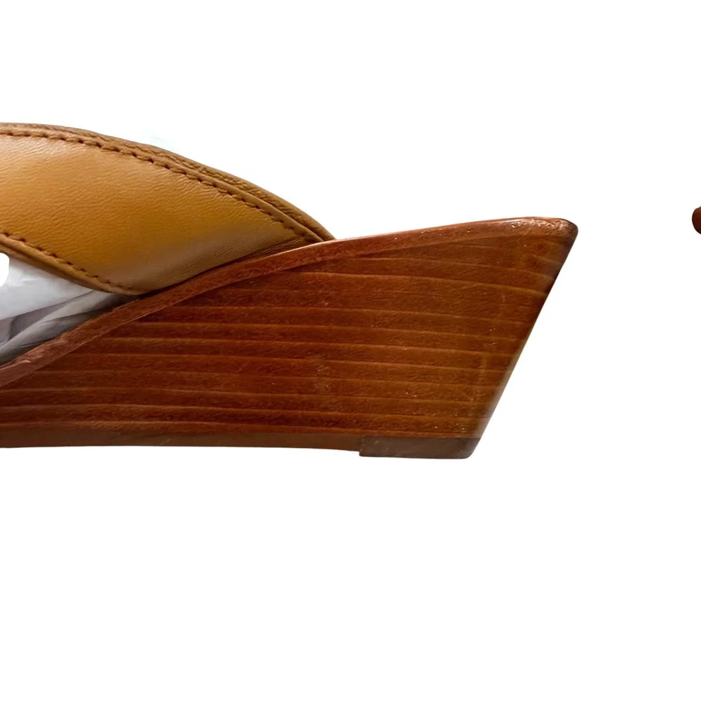 Tory Burch Nora 50mm Wedge Sandals Royal Tan Leather Gold Logo 5.5